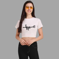 New Womens Cotton Blend Typography Print Crop T-Shirt 